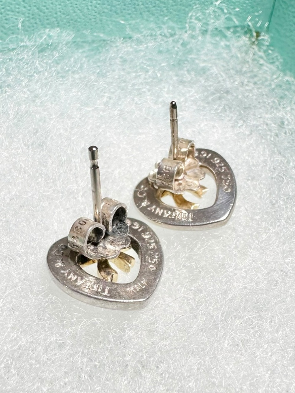 Tiffany & Co. Engraved 925 Silver Heart & 18K Gold Bow Stud Earrings Set w.Box - Picture 8 of 13